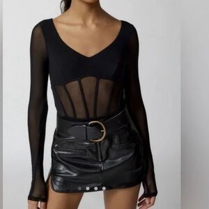 UO Black Long Sleeve Bodysuit V-Neck Sheer Corset